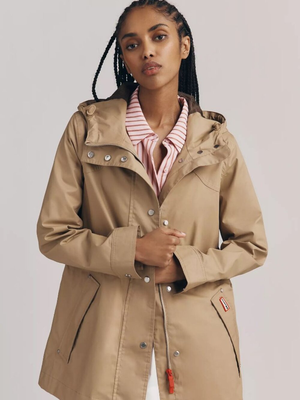 Hunter Adela Cinched-Waist Hooded Rain Coat - XS